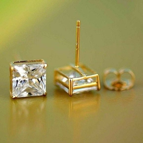 14k Yellow Gold Heavy Basket Princess Cut White Cubic Zirconia Stud Earrings 9mm - Picture 7 of 10